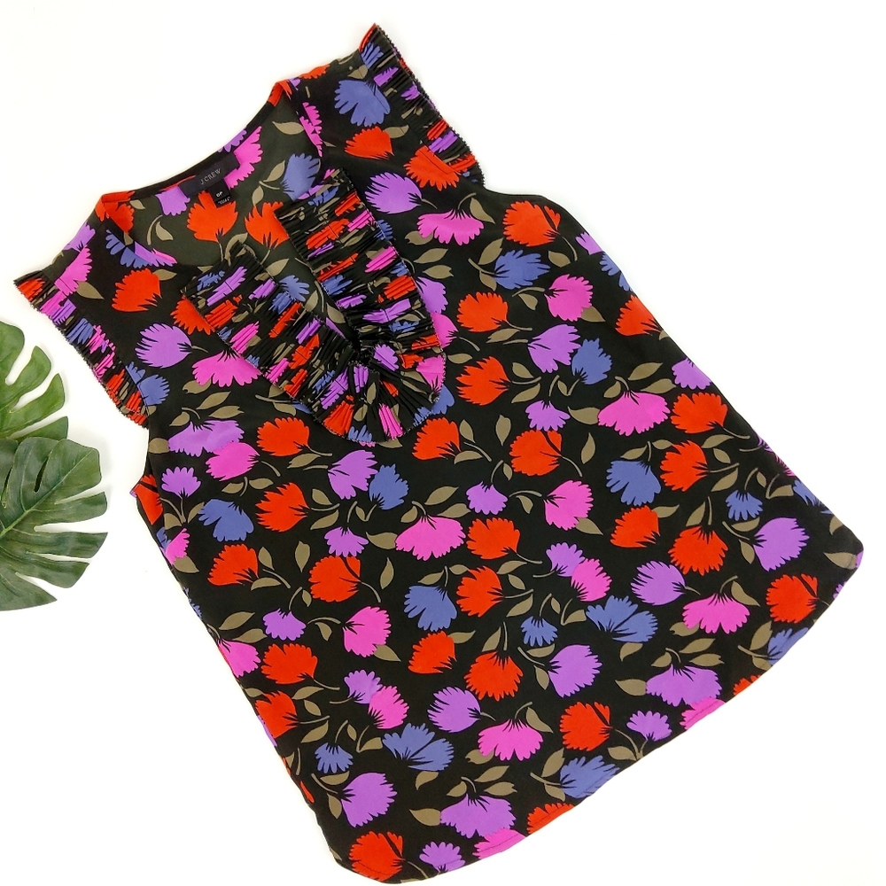 J. Crew Silk Floral Print Ruffle Blouse Size 0P
